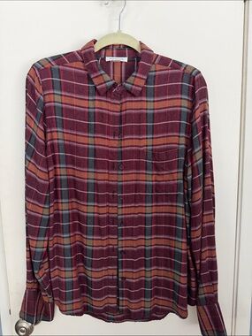 beachlunchlounge Women’s Burgundy Plaid Button-Down Shirt - Sz L